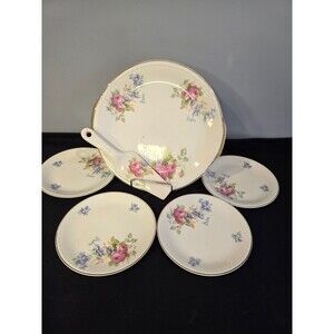 Vtg Taylor Smith & Taylor Floral Cake Set  Handled Platter, Server and 4 Plates